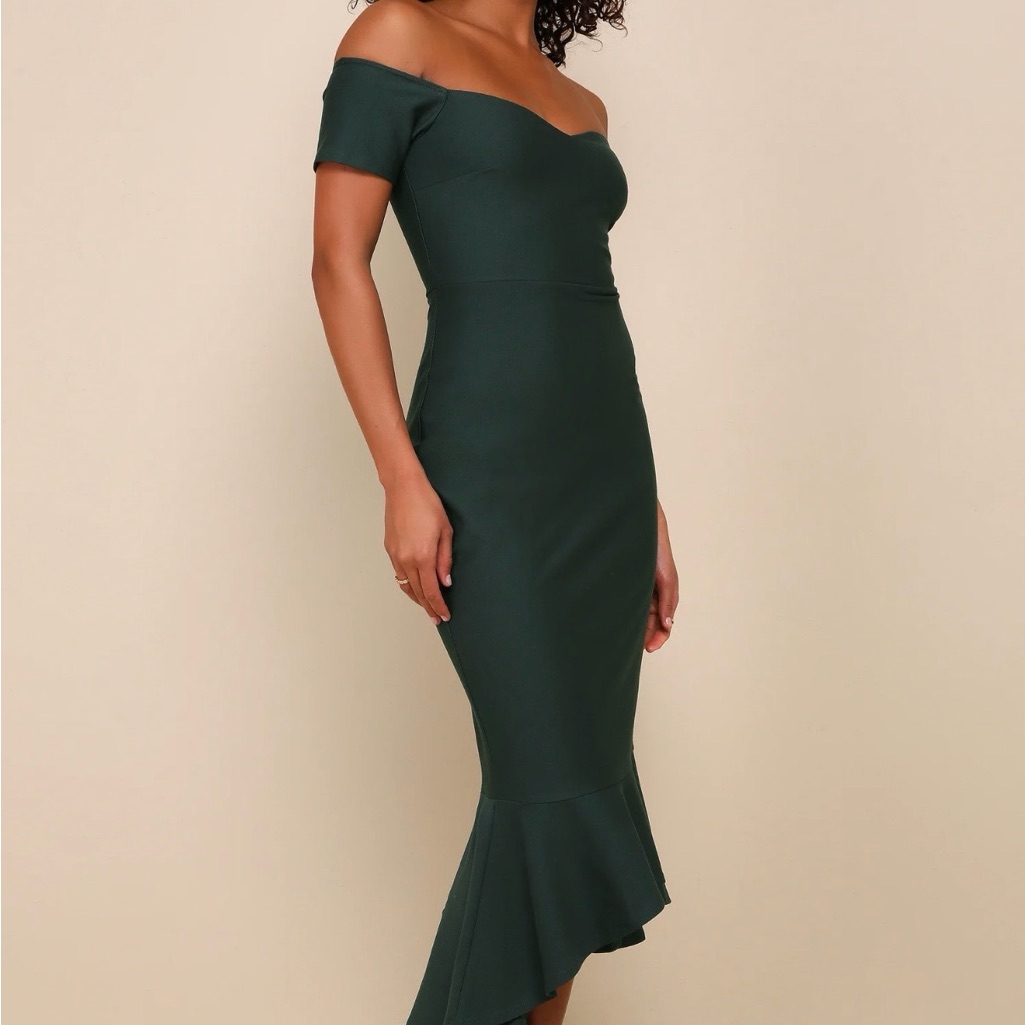 Lulu's One-Shoulder Dark Green Mermaid Midi Dress